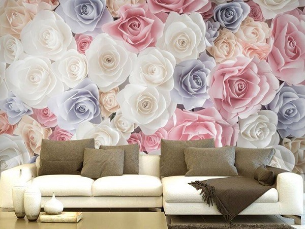 Mẫu giấy dán tường Hàn Quốc 3D hình hoa hồng nhẹ nhàng