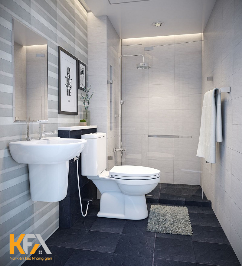 Phòng tắm nhà cấp 4 thiết kế đơn giản với gam màu trắng - đen cá tính