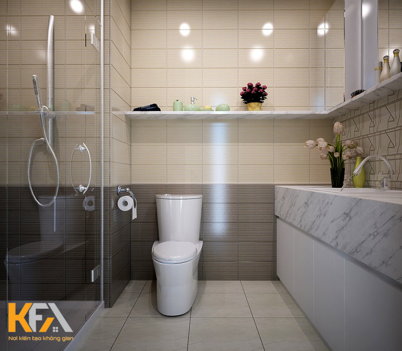 Phòng tắm nhà phố được thiết kế vách kính nhằm ngăn cách một bên vệ sinh, một bên để tắm