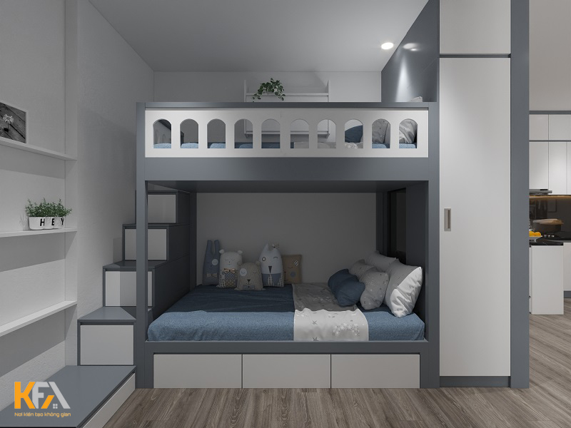 Phòng ngủ 2 bé trai được thiết kế giường tầng với tông màu trắng – xám làm chủ đạo