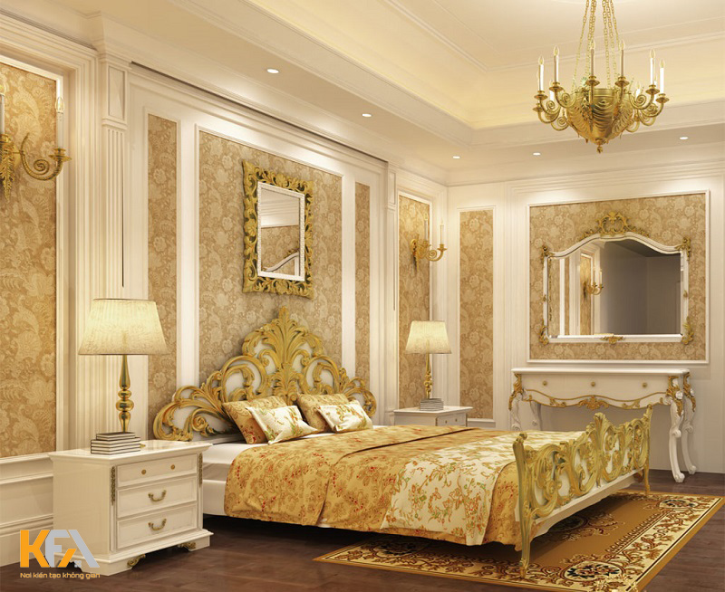 Phòng ngủ sử dụng màu sắc trắng - vàng gold giúp mang lại vẻ nguy nga và lộng lẫy cho không gian