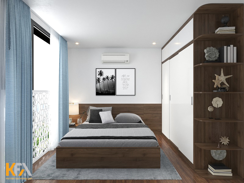 Việc thiết kế thảm trài sàn màu xám cùng tone màu với ga giường tạo nên sự đồng nhất cho phòng ngủ 3 này