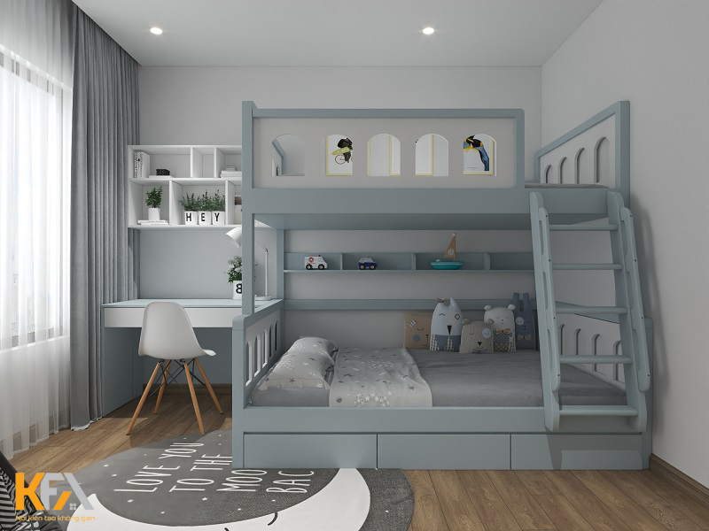 Phòng ngủ 2 bé trai song sinh với tone màu xanh trắng đơn giản, thiết kế giường tầng giúp tối ưu diện tích