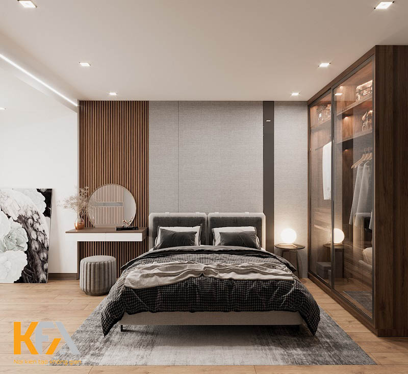 Phòng ngủ chung cư thiết kế hiện đại với tủ quần áo bằng kính trong suốt