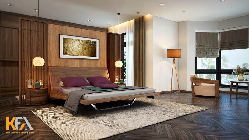 Phòng ngủ master chung cư hiện đại, ấm cúng với tone màu nâu của nội thất gỗ