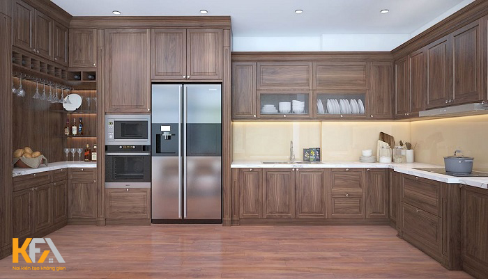 Tủ bếp gỗ chữ U với thiết kế độc đáo giúp không gian thêm gọn gàng, ngăn nắp
