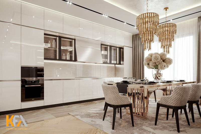 Hệ tủ bếp chứ I với thiết kế tone trắng toàn bộ đem đến cho không gian bếp sự tinh tế và sạch sẽ