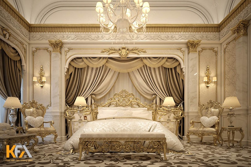 Phòng ngủ cổ điển sang trọng, quyền quý với gam màu trắng - vàng gold