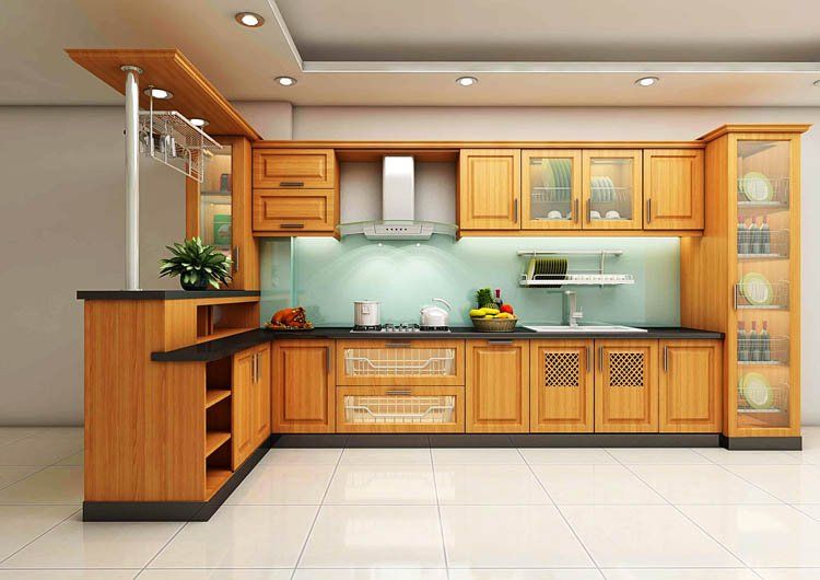 mẫu tủ bếp làm bằng gỗ sồi