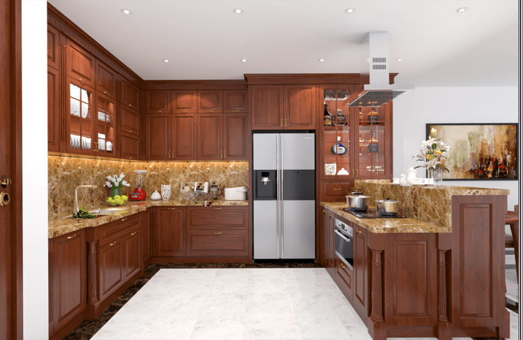 Mẫu tủ bếp có sự liên kết tốt với không gian nội thất