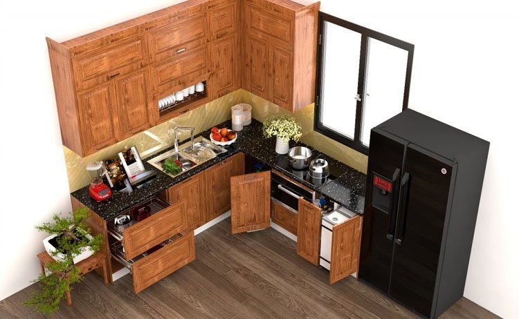 mẫu tủ bếp hình chữ L có thiết kế đơn giản