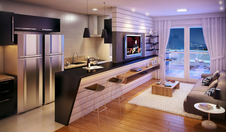 mẫu thiết kế không gian phòng khách kết hợp với quầy bar