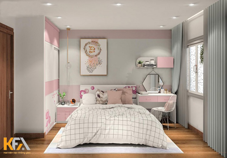 Phòng ngủ của các bé gái 18 tuổi được bố trí với không gian hài hòa kết hợp rèm cửa thiết kế đẹp, ấn tượng