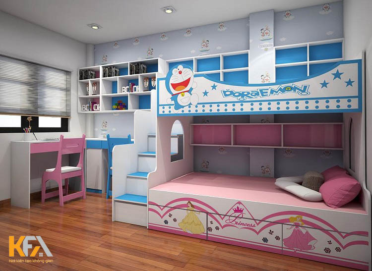 Giường tầng bên dưới màu hồng dành cho bé gái, tầng thứ 2 được sử dụng màu xanh dành cho bé trai