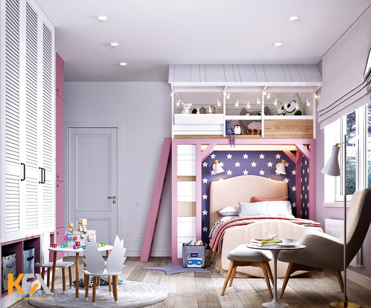 Thiết kế lạ mắt khi phối hợp tone xanh lam - hồng - trắng cho căn phòng của bé gái