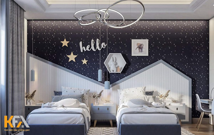 Thiết kế phòng ngủ 2 giường rộng cùng với bầu trời ngàn sao, giúp trẻ thêm không gian tự do, khám phá