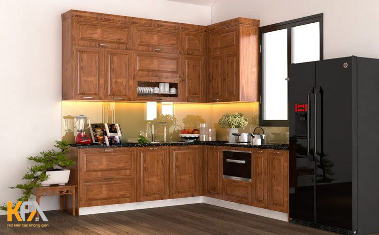 Sự kết hợp hoàn hảo giữa gỗ Gõ đỏ với màu kính tạo nên hài hòa và cuốn hút cho không gian bếp