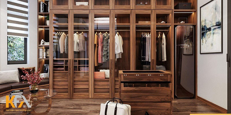 Tủ quần áo âm tường gỗ tự nhiên phong cách hiện đại với cửa kính