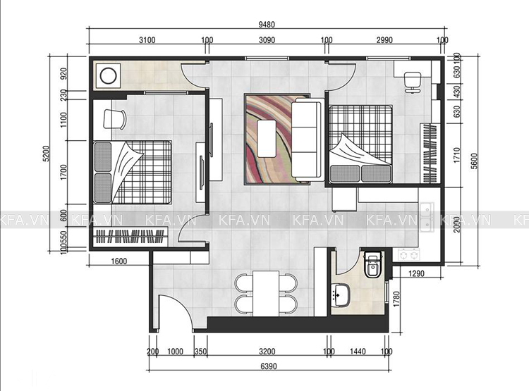 Mẫu thiết kế chung cư 60m2 2 phòng ngủ-2