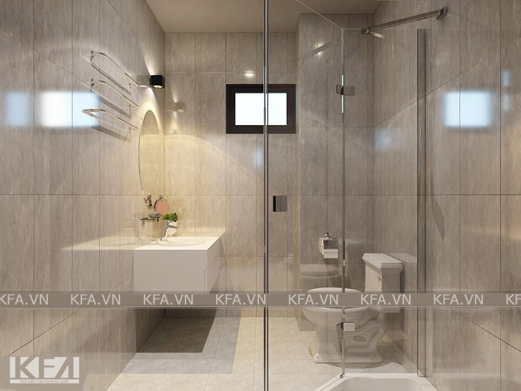 Thiết kế phòng tắm chung cư 40m2 hiện đại, gọn gàng với kính trong suốt
