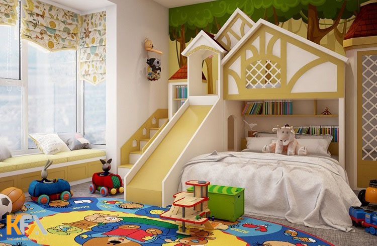 Phòng ngủ bé trai 3-6 tuổi được thiết kế giường tầng kết hợp cầu trượt, để bé thoải mái vui chơi tại không gian của mình
