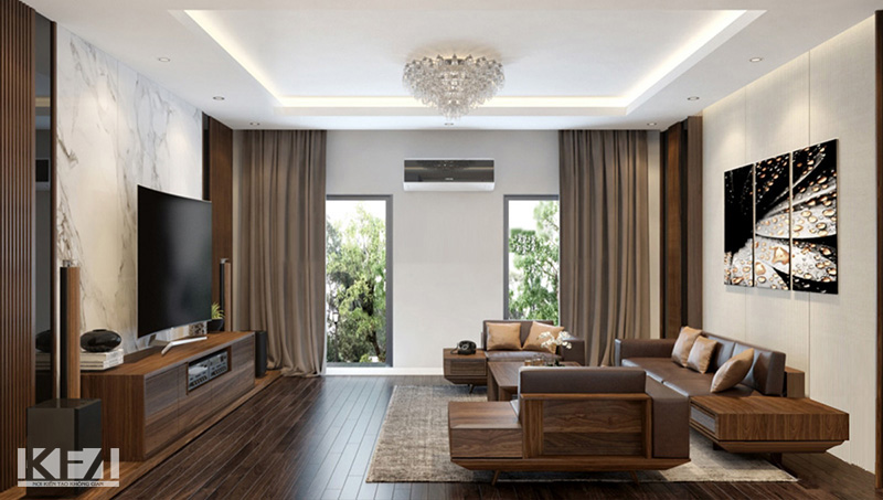 Mẫu phòng khách chung cư gỗ Óc Chó đẹp