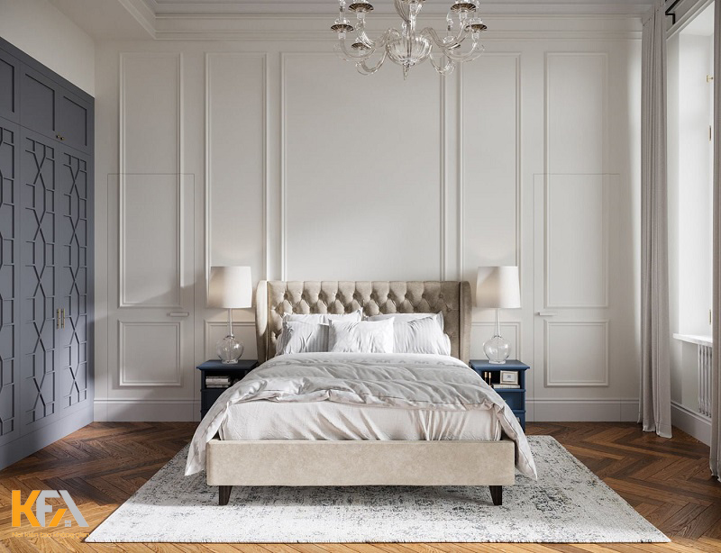 Thiết kế đơn giản được thể hiện trong cách bố trí và sắp xếp nội thất phòng ngủ tân cổ điển