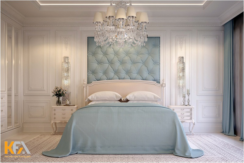 Mẫu phòng ngủ tân cổ điển gam màu trắng-xanh pastel