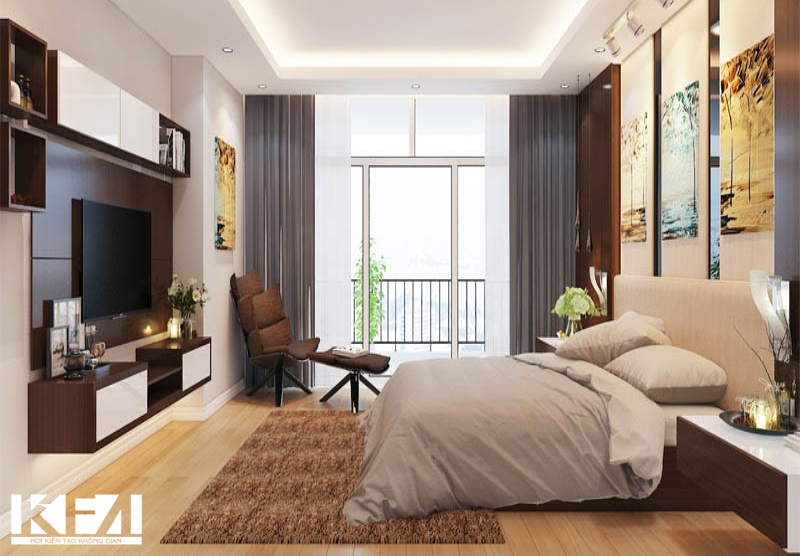 Phòng ngủ với gam màu trung tính kết hợp với tranh treo tường