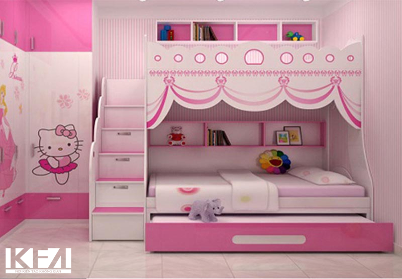 Phòng ngủ có giường tầng cho bé gái