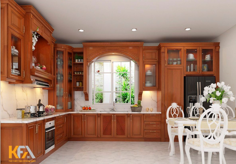 Phòng bếp nổi bật với tủ bếp màu cánh gián sang trọng