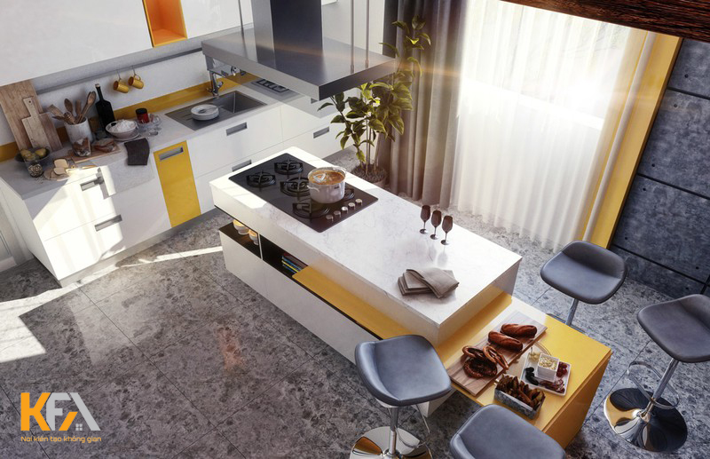 Mẫu đảo bếp thiết kế thông minh vừa là nơi đặt bếp nấu vừa là bàn ăn và có cả kệ lưu trữ phía dưới. 
