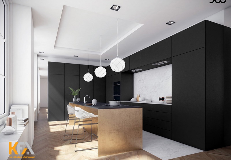 Phòng bếp chung cư được thiết kế theo phong cách hiện đại, với tông màu chủ đạo là bàn ăn tiết kiệm diện tích.
