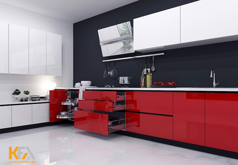 Tủ bếp chữ l phủ acrylic cho căn hộ nhỏ