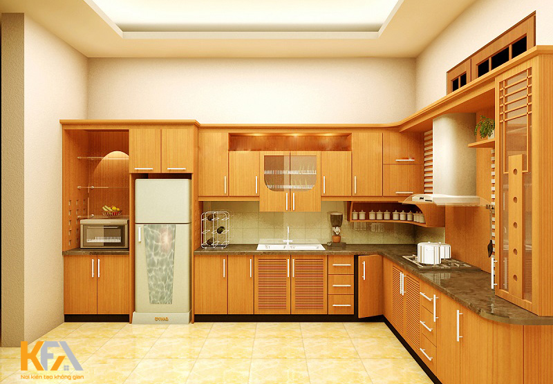 Tủ bếp được trang bị tủ và kho độc lập đảm bảo tính khoa học và tiện dụng