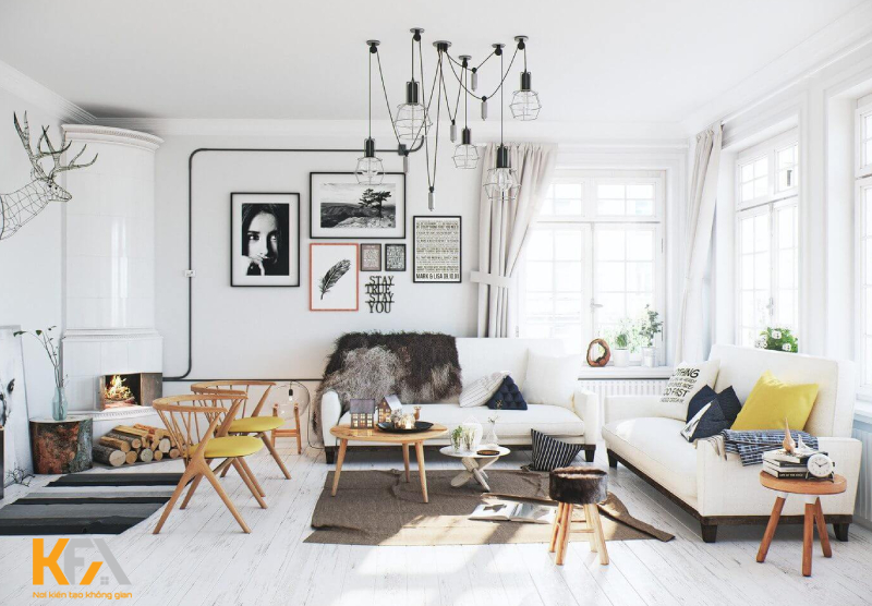 Màu trắng cũng giúp đồ nội thất bằng gỗ tự nhiên trở nên nổi bật hơn hẳn