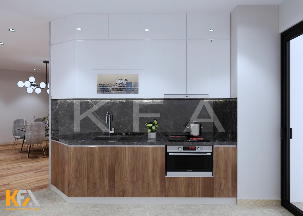 Không gian bếp được thiết kế với hệ thống tủ bếp hiện đại và được phân chia khoa học