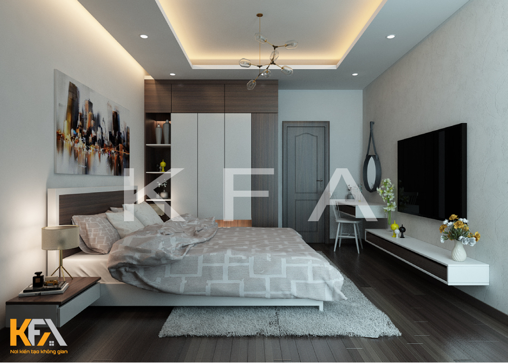 Kệ tivi cùng bàn phấn gắn tường thiết kế tối giản để tối ưu diện tích nhất có thể