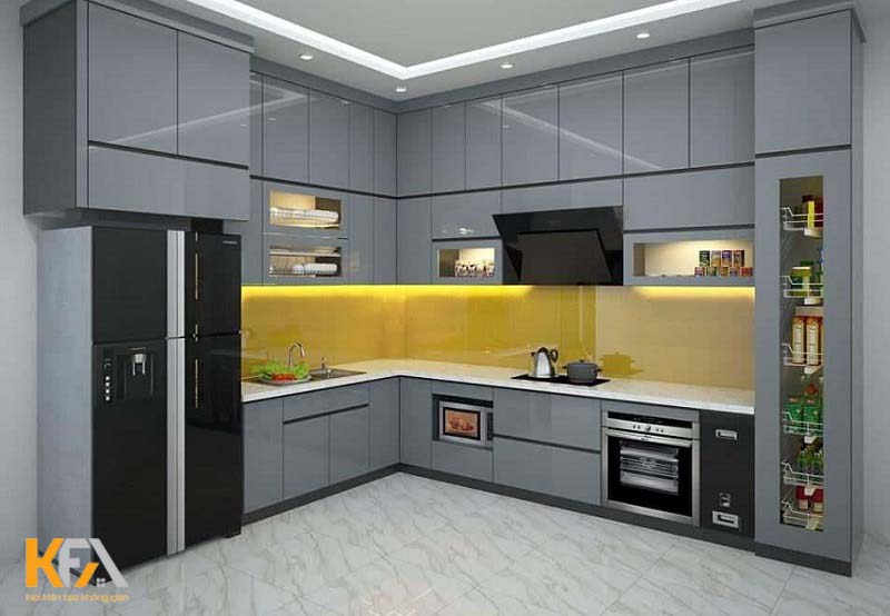 Tủ bếp acrylic xám sang trọng phù hợp với nhiều kiểu nhà