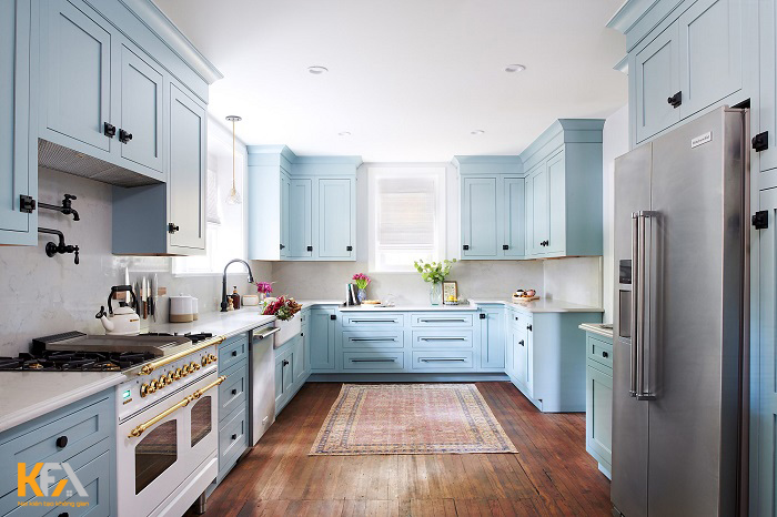 Tủ bếp màu xanh mint trẻ trung