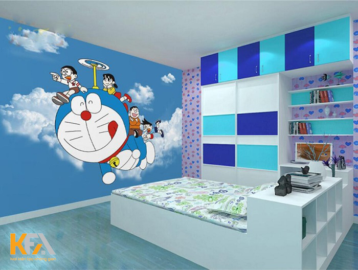Thiết kế phòng ngủ doremon cho người trưởng thành với giấy dán hiện đại, hài hòa với nội thất phòng