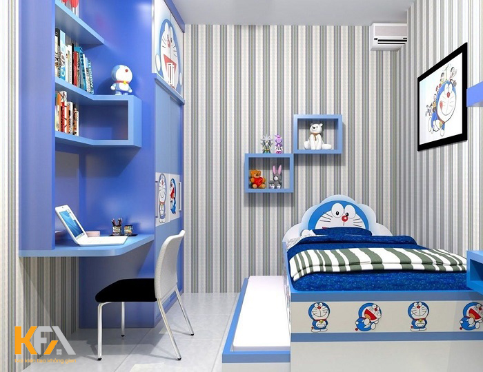 Trang trí phòng ngủ đẹp bằng hình dán và chiếc giường doremon