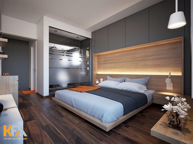 Với phòng ngủ 20m2, bạn có thể đặt nhà vệ sinh dọc theo giường ngủ