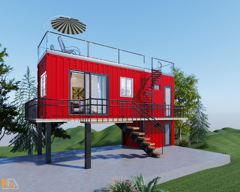 Mẫu thiết kế nhà container 2 tầng màu đỏ ấn tượng