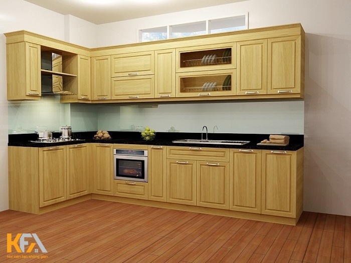 Tủ bếp gỗ sồi hình L sử dụng được tối đa không gian diện tích