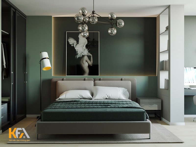 Phòng ngủ màu xanh rêu ấn tượng, độc đáo