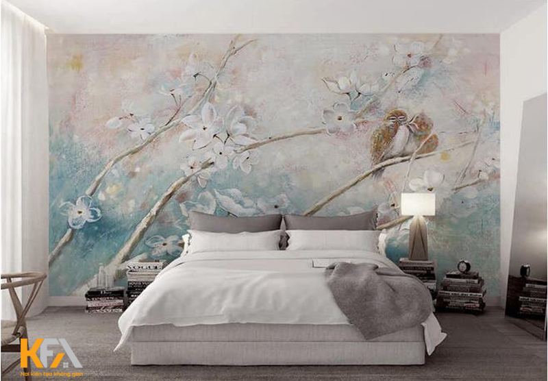 Hình vẽ bức tranh tường cành hoa mong manh trên nền tường thiết kế nhẹ nhàng