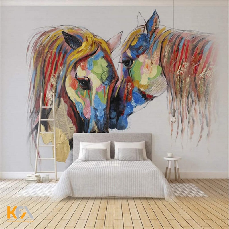 Hình ảnh 2 chú ngựa đầy sắc màu trong phòng ngủ màu trắng