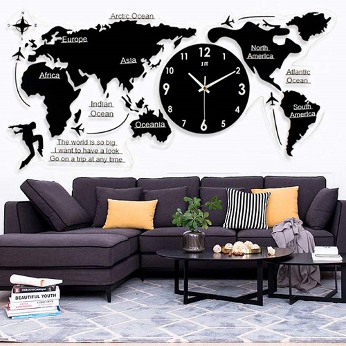 Mẫu đồng hồ phòng khác màu đen kết hợp với bản đồ thế giới