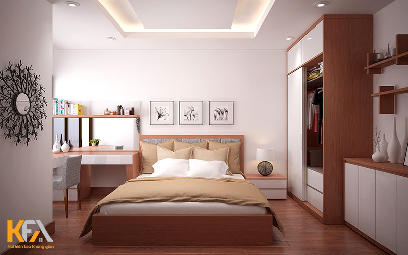 Phòng ngủ 18m2 ấm áp với gỗ óc chó cao cấp